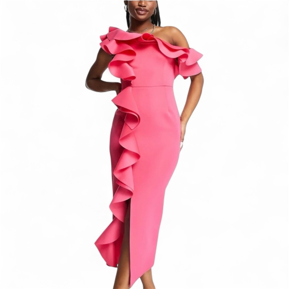 ASOS Midi Hot Pink one shoulder ruffle dress